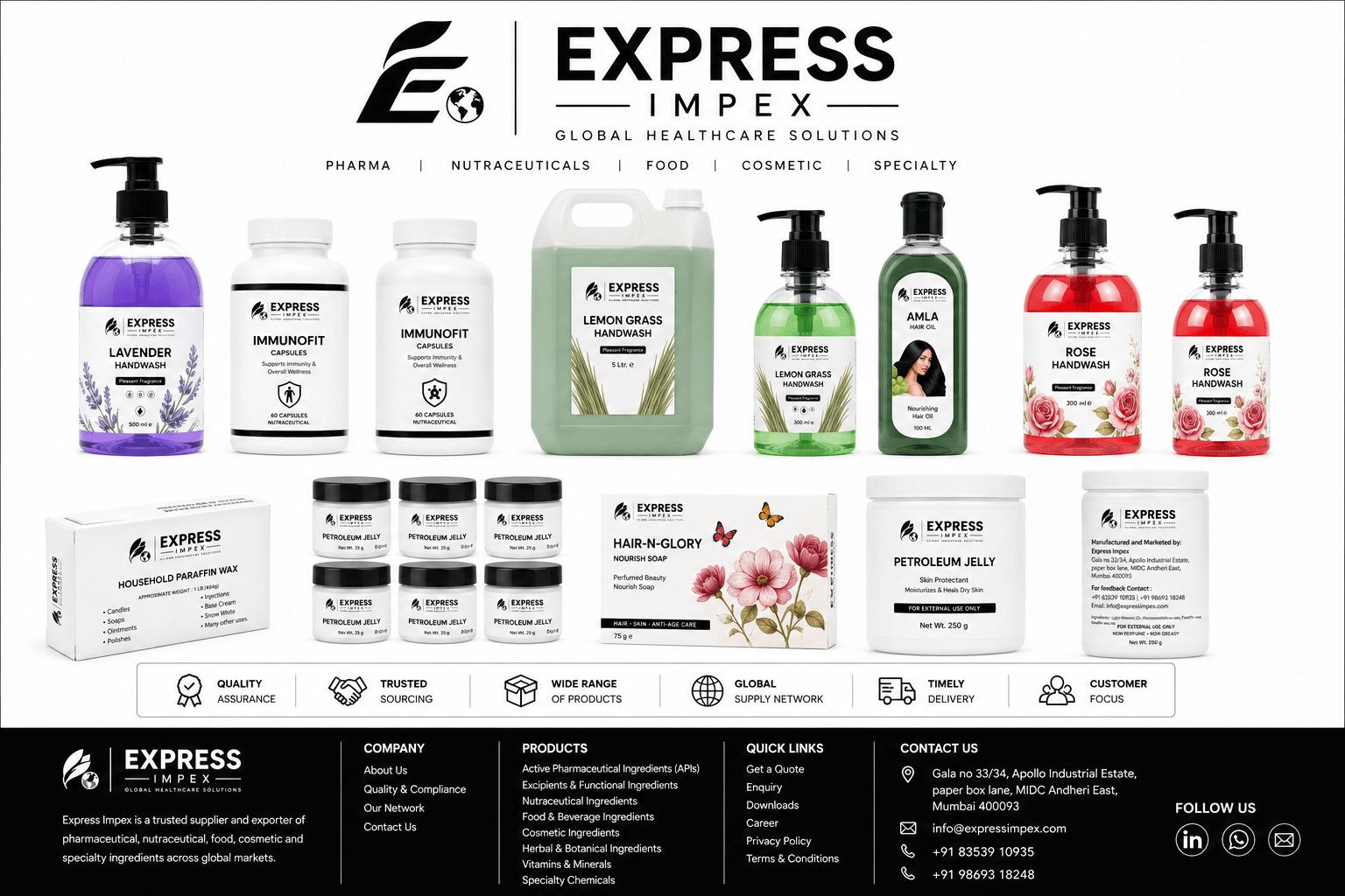 Express Impex product range — Ayurvedic, nutraceutical, cosmetic and FMCG